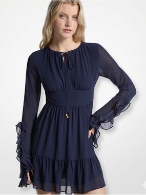 Michael Kors Ruffled Georgette Long-Sleeve Dress